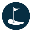 Navy blue circle with white putting green with a flag in the hole