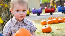 This image shows a boy holding a pumpkin at Fall in Fargo.