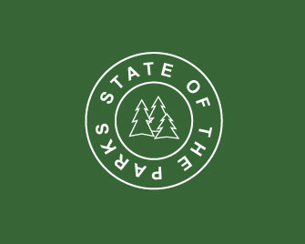 Green background with white logo that says state of the parks and has three trees in the middle