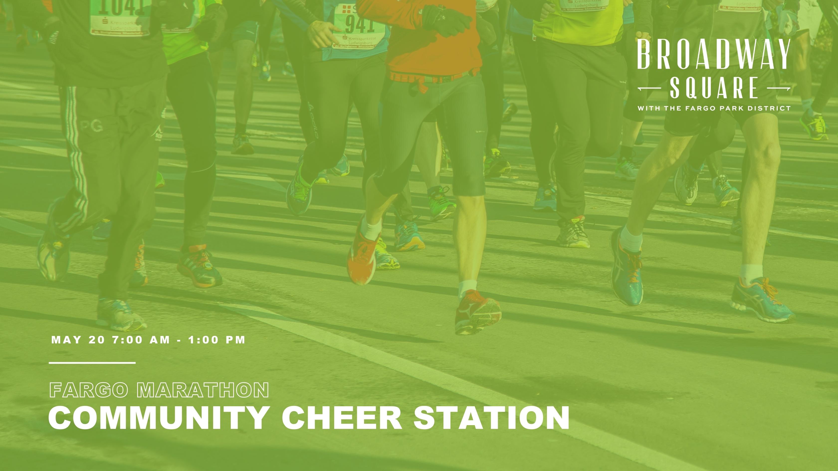 This graphic shows people running with community cheer station