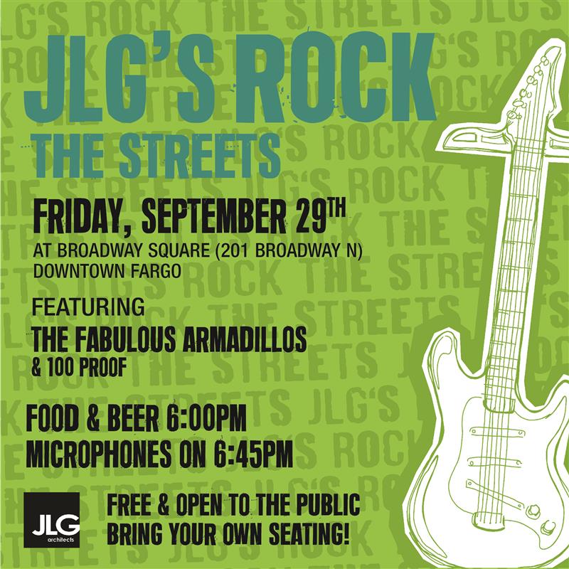 This shows JLG Rock the Streets green event Graphic with a guitar and performer lineup