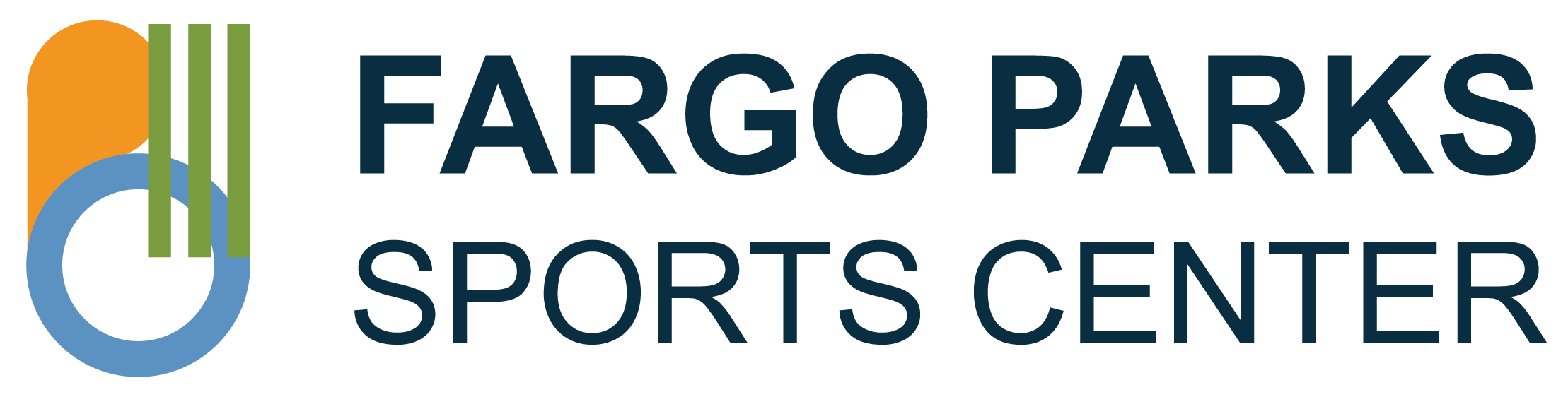 Fargo Parks Sports Center - Logo is Orange swish, blue circle, 3 horizontal green lines
