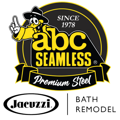 ABC Seamless logo featuring a cartoon character in a yellow raincoat and hat pointing upward. The text reads 'Since 1978, ABC Seamless, Premium Steel.' Below are the Jacuzzi and Bath Remodel logos.