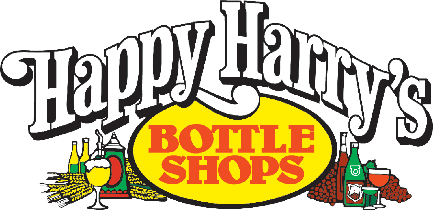 Logo for Happy Harry’s Bottle Shops featuring stylized text with illustrations of beverages including beer, wine, and liquor.