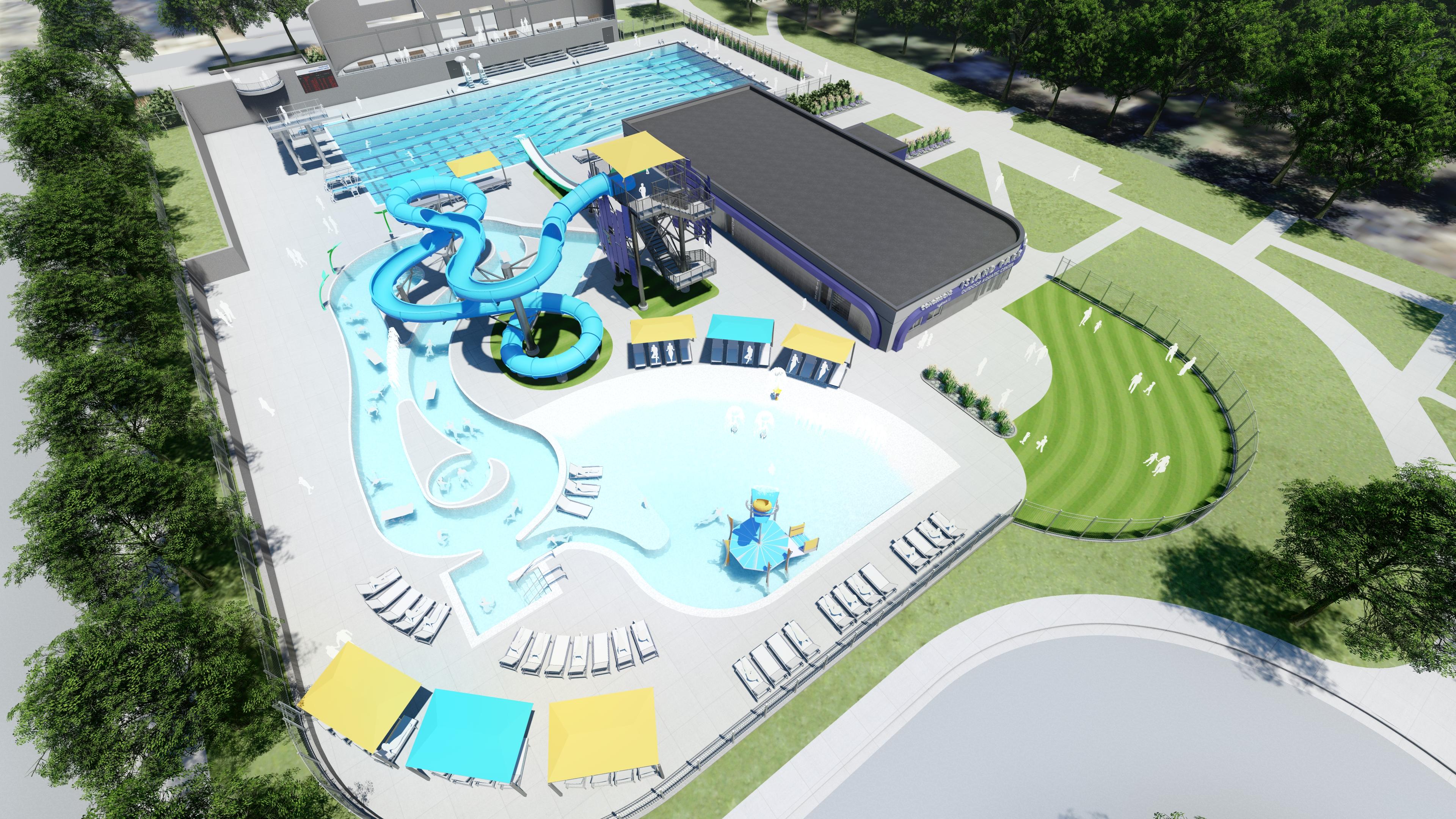 This image shows an aerial view of Island Park Pool