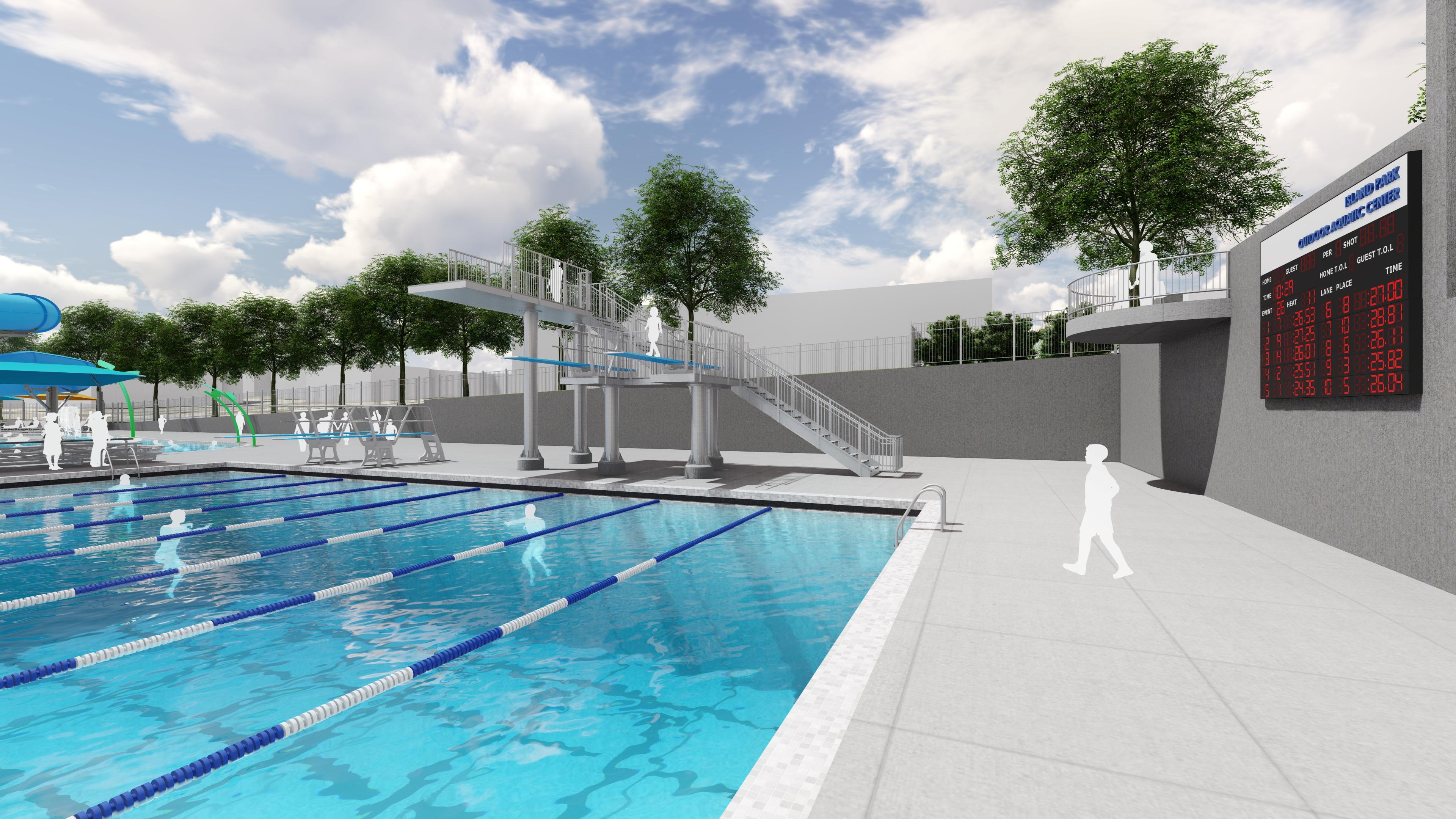 This image shows the renderings of Island Park Pool with a look at the competitive score clock and diving platforms