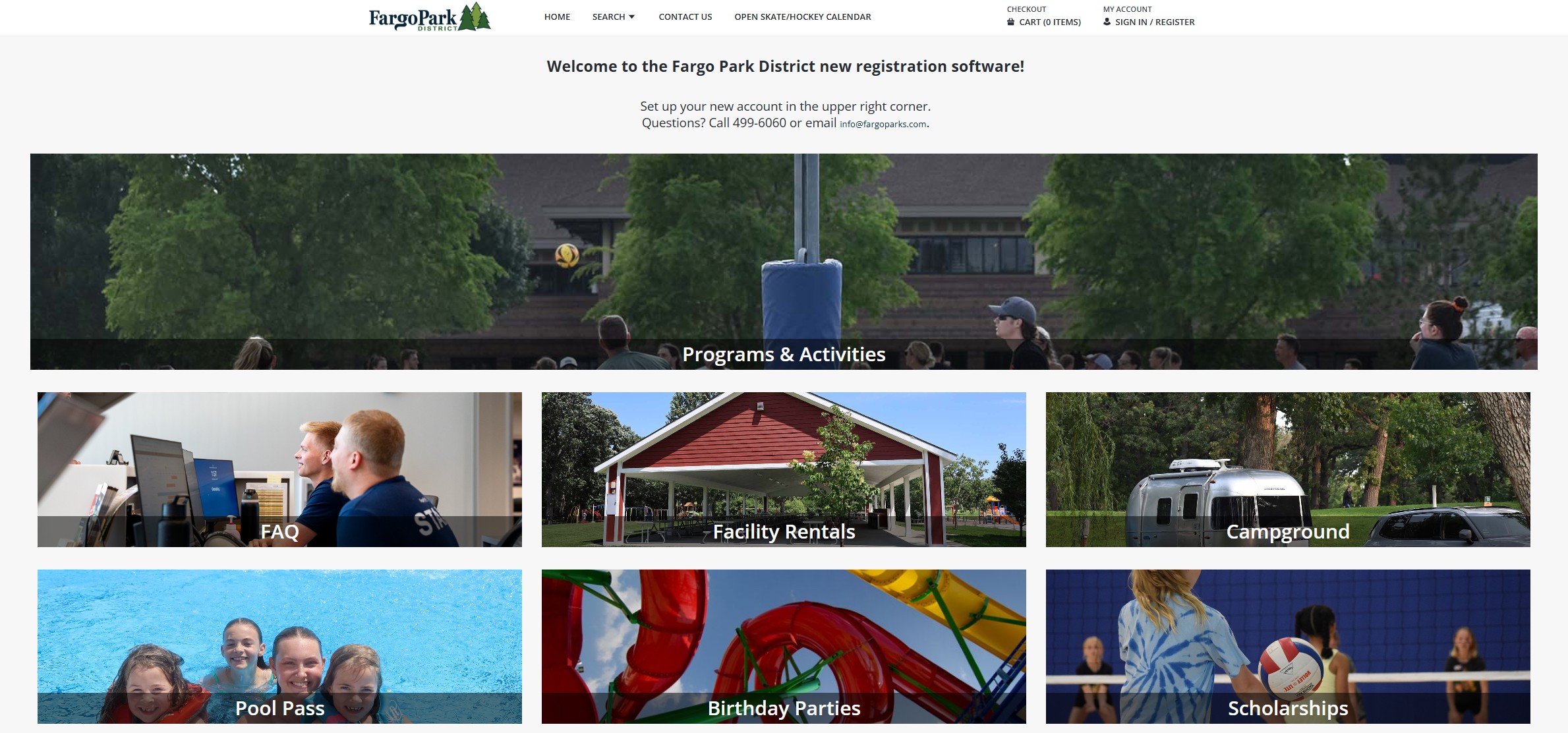 Screenshot of the Fargo Park District registration website homepage featuring a navigation menu and program categories including Programs & Activities, FAQ, Facility Rentals, Campground, Pool Pass, Birthday Parties, and Scholarships.