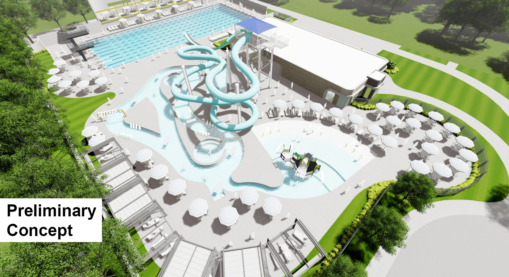 This image shows a preliminary concept of Island Park Pool