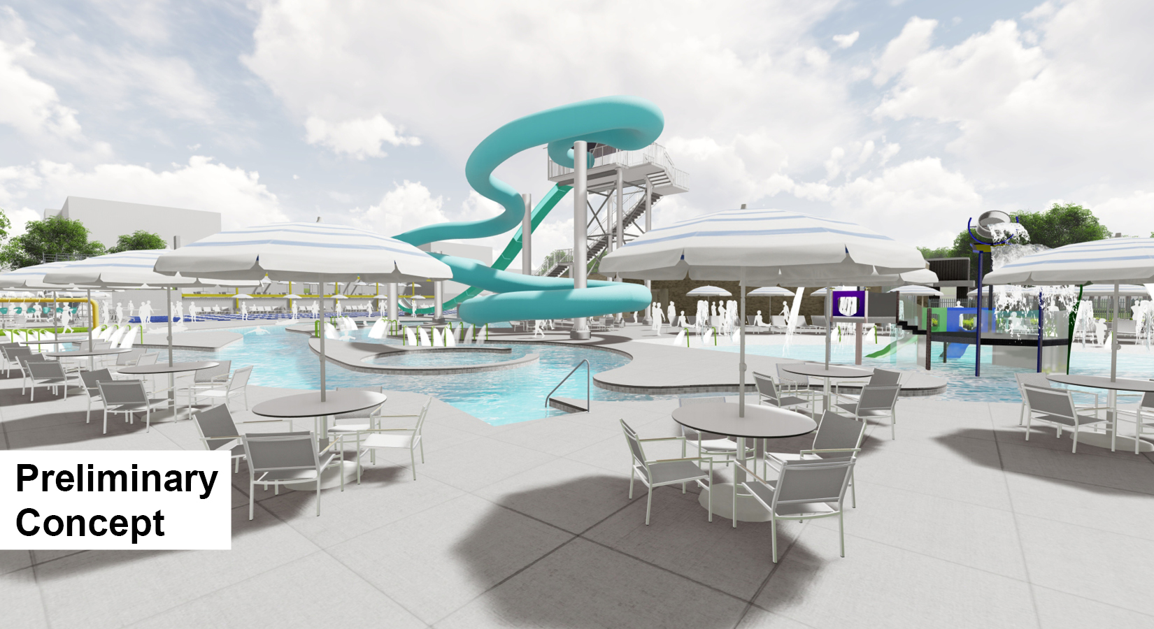 This image shows a preliminary concept of Island Park Pool