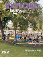 Cover of the Spring Summer 2023 Activity Guide, Top of page says Explore in purple with Fargo Parks Logo in white, over a picture of adults doing yoga in Island Park