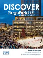 Cover of the Fargo Park District Activity Guide for Fall-Winter 23-24 - Image of Broadway Square in the background at Christmas
