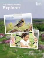 Cover of The Fargo Parks Explorer activity guide featuring a bird on a rock and children exploring plants, set over an aerial view of blooming park trees.