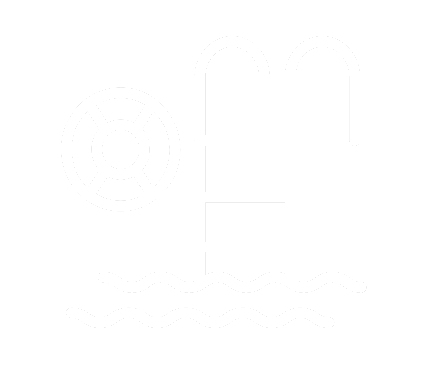 This graphic shows an outline of a ladder going into a pool and a life saver