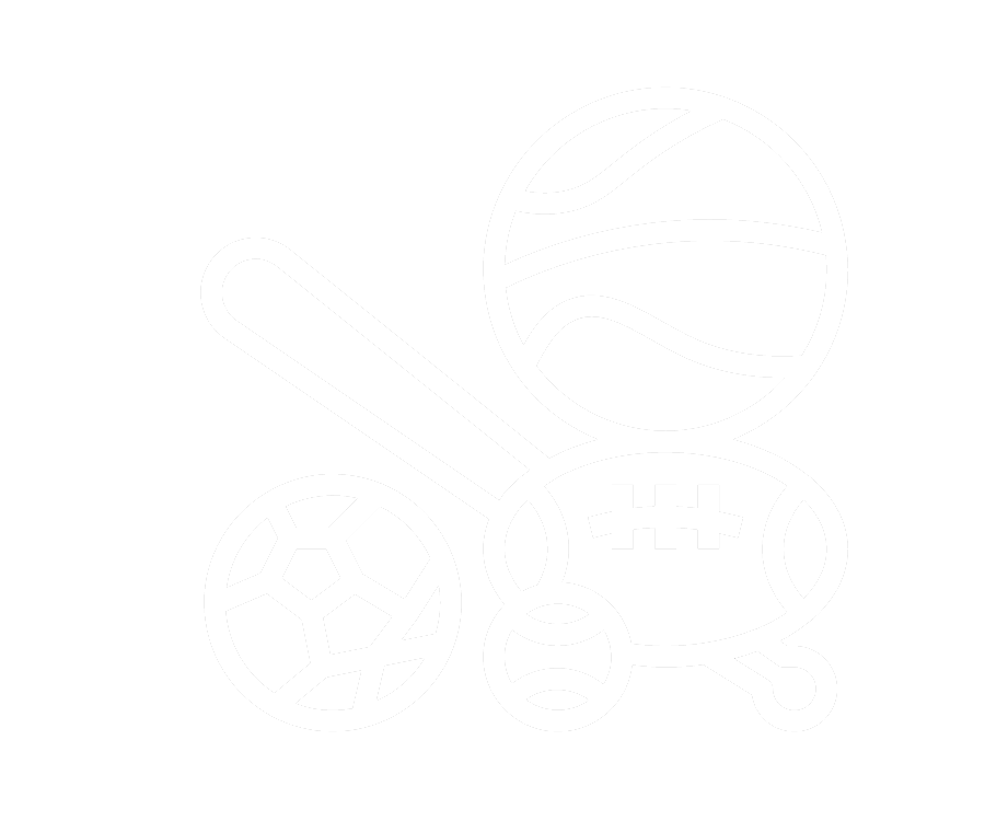 This graphic shows a soccer ball, football, basketball, and baseball outline