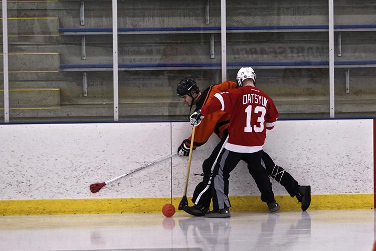 broomballadult2 This image shows two players along the boards during broomball.