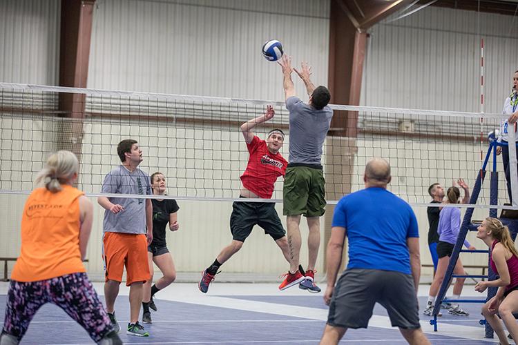 This image shows adults playing a coed volleyball game.
