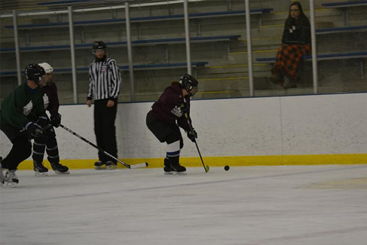 hockeyadult2 This image shows a female getting the puck along the boards at adult hockey.