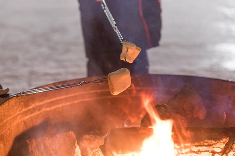 This image shows marshmallows over the firepit at S'mores and More.