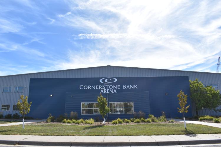 This image shows the outside view of Cornerstone Bank Arena