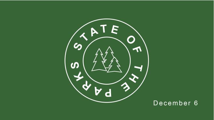 This is a graphic with state of the parks with 3 trees in white on a green background