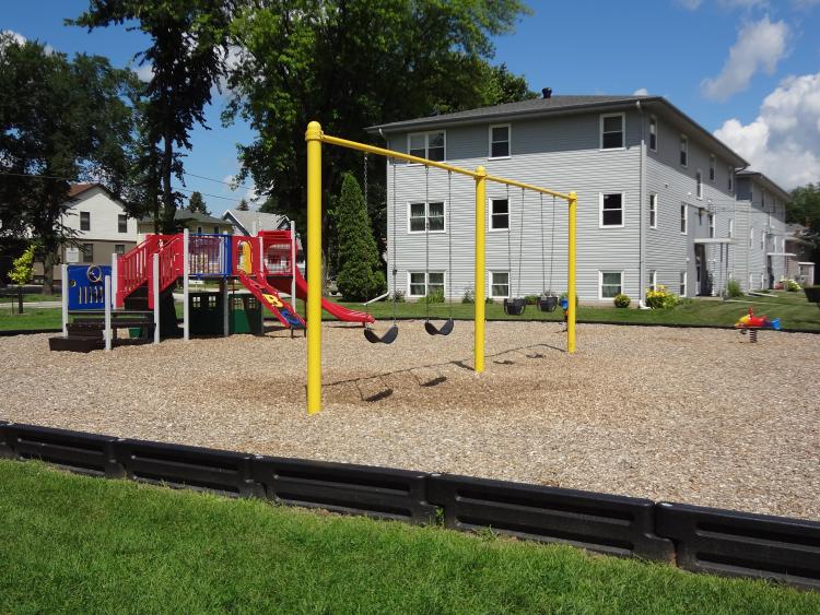 playground equipment in bed of wood chips in Roosevelt Park