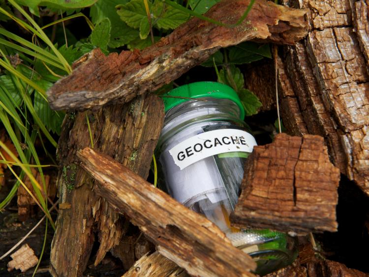 Geocache in park a jar with a green lid, jar labeled GEOCACHE with items in jar, semi-barried under wood