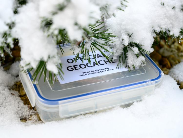 Geocaching Box in Snow A plastic box with a label on the lid "Official Geocaching" under a snow covered pine tree