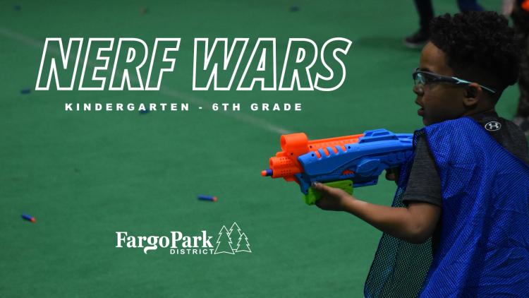 Nerf Wars Nerf Wars - Kindergarten through 6th Grade - Fargo Parks Logo - Little boy holding nerf gun in safety goggle and a blue jersey holding nerf gun