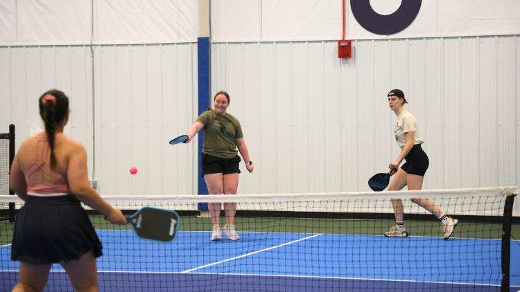 Pickleball1.jpg Three women playing pickleball on the Fargo Parks Sports Center pickleball courts