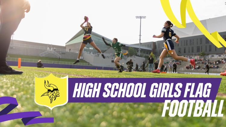 High school girls playing flag football during a game, with one player leaping to catch a pass on a turf field. Overlay text reads “High School Girls Flag Football.”