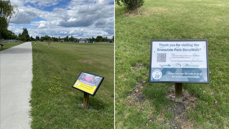 wo photos of the Brunsdale Park StoryWalk. One shows a paved walking path lined with StoryWalk signs across a grassy park, and the other shows the final sign thanking visitors and providing a QR code for more information.