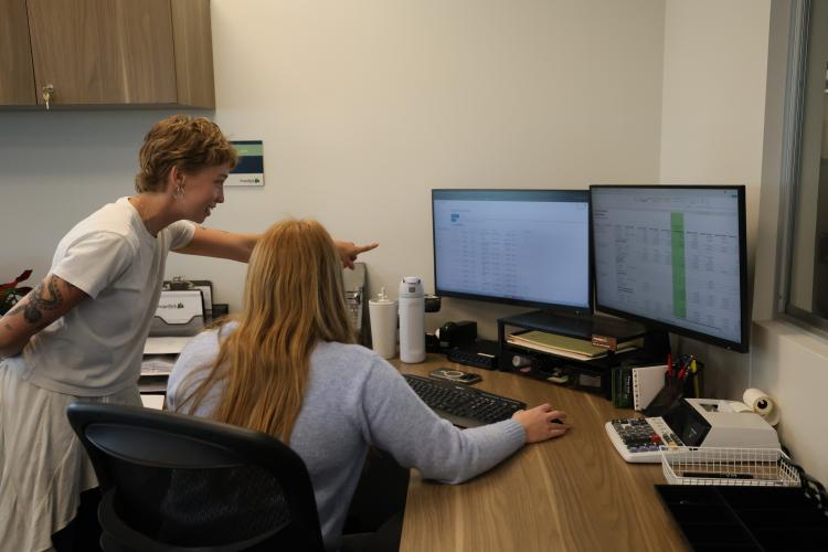 This image shows the finance intern working on a project.