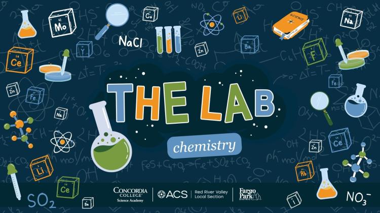 Promotional event banner for "THE LAB chemistry". The graphic features a dark blue chalkboard background decorated with colorful, playful illustrations of lab equipment, atomic models, and periodic table elements. Large bold white text in the center displays the event name, "THE LAB chemistry". Below, text indicates the event logistics: "SATURDAY, OCTOBER 17 | 11:00 AM - 2:00 PM | RHEAULT FARM".