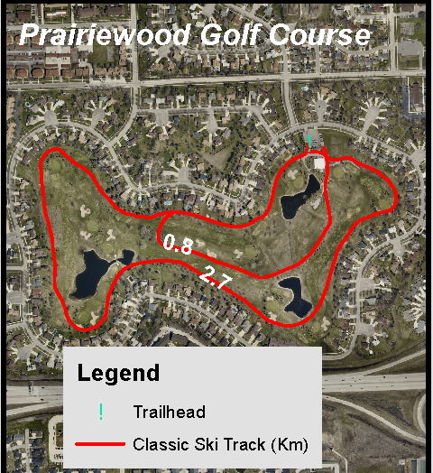 This image shows a map of the ski trail at Prairiewood Golf Course.