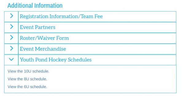 This image shows a screen grab of the Youth Pond Hockey Day "Additional Information" table including registration details, event partners, waivers, merchandise and the schedule.