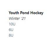 This image shows a screen grab of the Youth Pond Hockey schedules on Team Sideline.