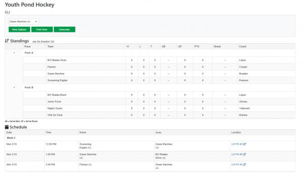 This image shows a screen grab from Team Sideline of the 6U team Green Machine schedule.