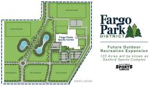 This photo shows an aerial map of the Fargo Parks Sports Center and Sanford Sports Complex
