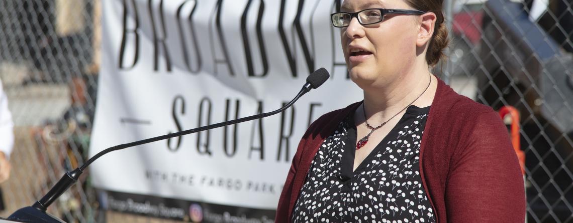 This image shows Broadway Square's manager, Ana, speaking at the Broadway Square Launch.