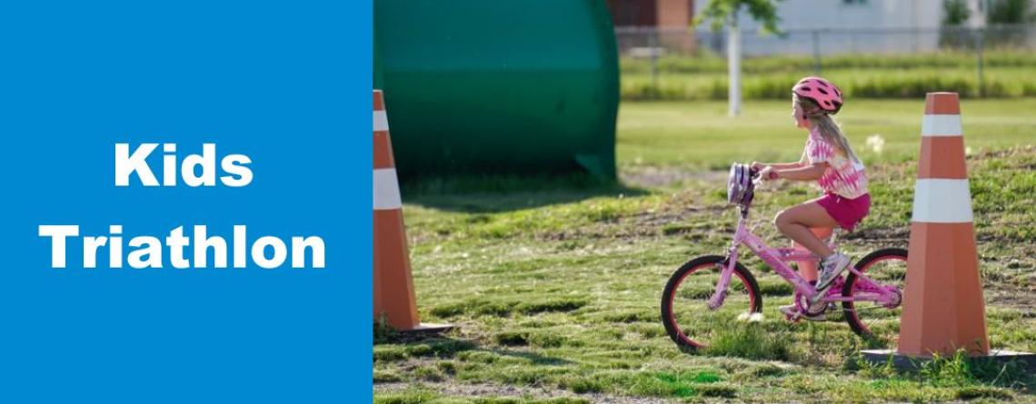 This image shows a graphic of "Kids Triathlon" with a photo of a young girl riding a pink bike and wearing a pink helmet.