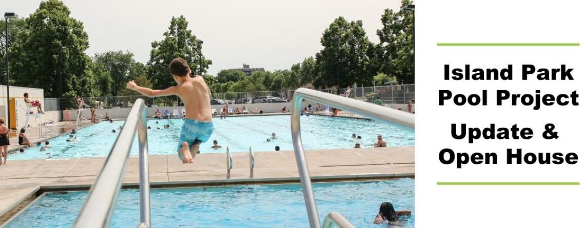 This graphic shows a child jumping off the diving board at Island Park Pool