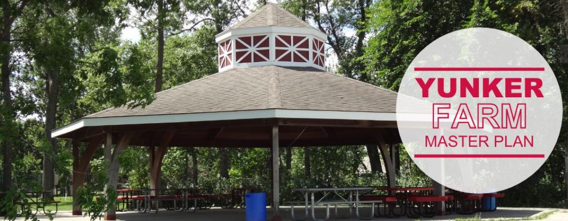 This photo shows the gazebo at yunker farm with text that says yunker farm master plan