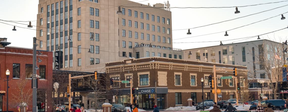 This photo shows people skating at Broadway Square