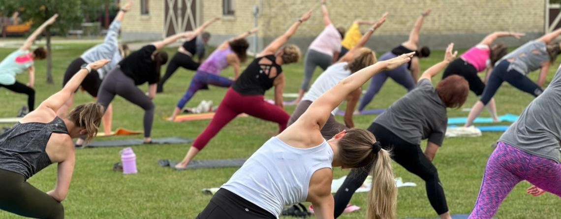 Large group of people doing outdoor yoga in a park