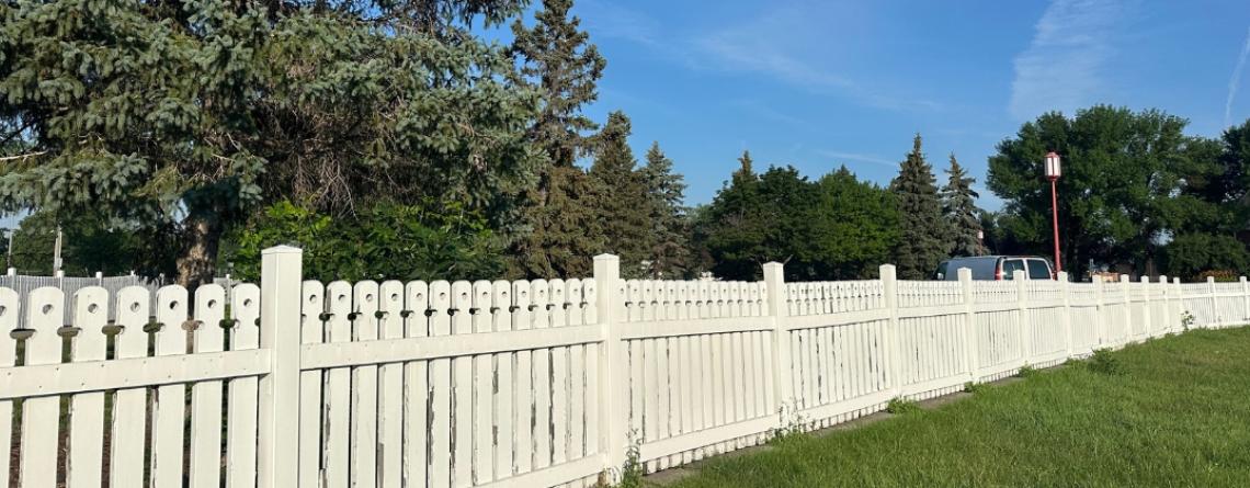 A long white picket fence stretches across a grassy area at Yunker Farm Park, with mature trees, a blue sky and a parked vehicle in the background.