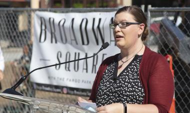 This image shows Broadway Square's manager, Ana, speaking at the Broadway Square Launch.