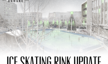 This image shows a graphic of Broadway Square's ice skating rink update.