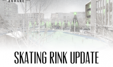 This image shows a graphic of Broadway Square's ice skating rink update.