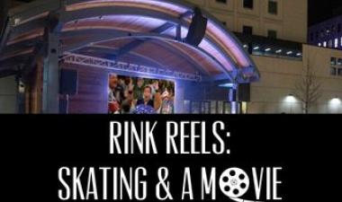 This image shows a graphic of Rink Reels: Skating & A Movie at Broadway Square. 