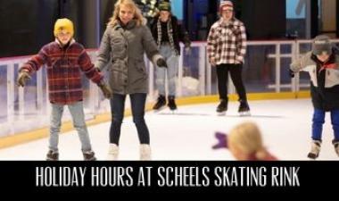 This image shows a graphic of Holiday Hours at Broadway Square's SCHEELS Skating Rink.